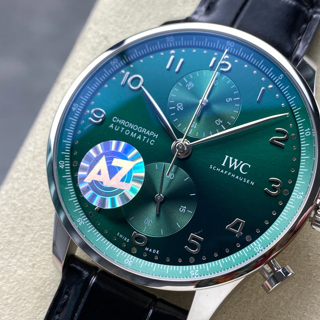 PORTUGIESER AUTOMATIC 40 MM WATCH SILVER CASE WITH BLACK LEATHER STRAP AND GREEN FOREST DIAL