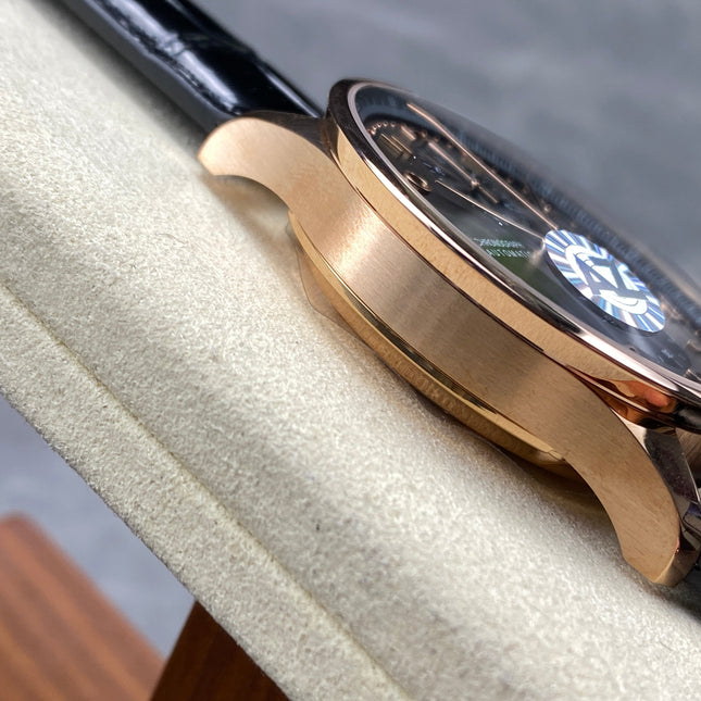 PORTUGIESER AUTOMATIC 40 MM WATCH ROSE GOLD CASE WITH BLACK LEATHER STRAP AND DIAL