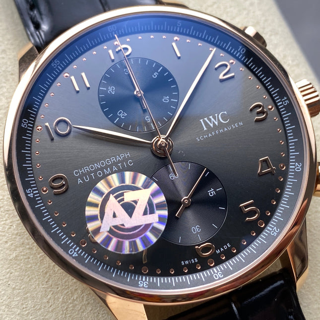 PORTUGIESER AUTOMATIC 40 MM WATCH ROSE GOLD CASE WITH BLACK LEATHER STRAP AND DIAL