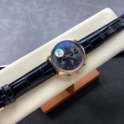PORTUGIESER AUTOMATIC 40 MM WATCH ROSE GOLD CASE WITH BLACK LEATHER STRAP AND DIAL