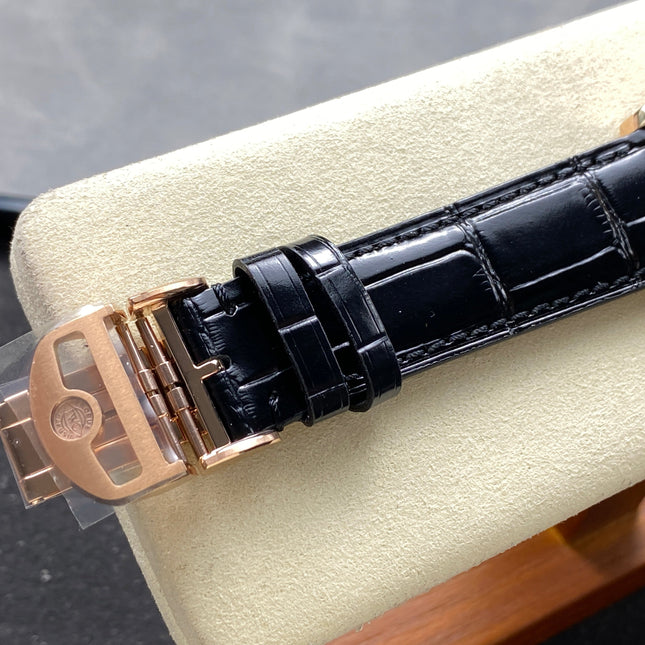PORTUGIESER AUTOMATIC 40 MM WATCH ROSE GOLD CASE WITH BLACK LEATHER STRAP AND DIAL