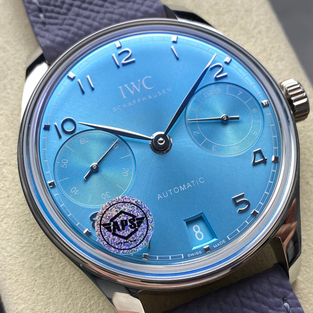 PORTUGIESER AUTOMATIC 42 WATCH SILVER CASE WITH NAVY BLUE LEATHER STRAP AND SAPPHIRE BLUE DIAL