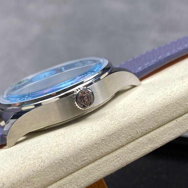 PORTUGIESER AUTOMATIC 42 WATCH SILVER CASE WITH NAVY BLUE LEATHER STRAP AND SAPPHIRE BLUE DIAL