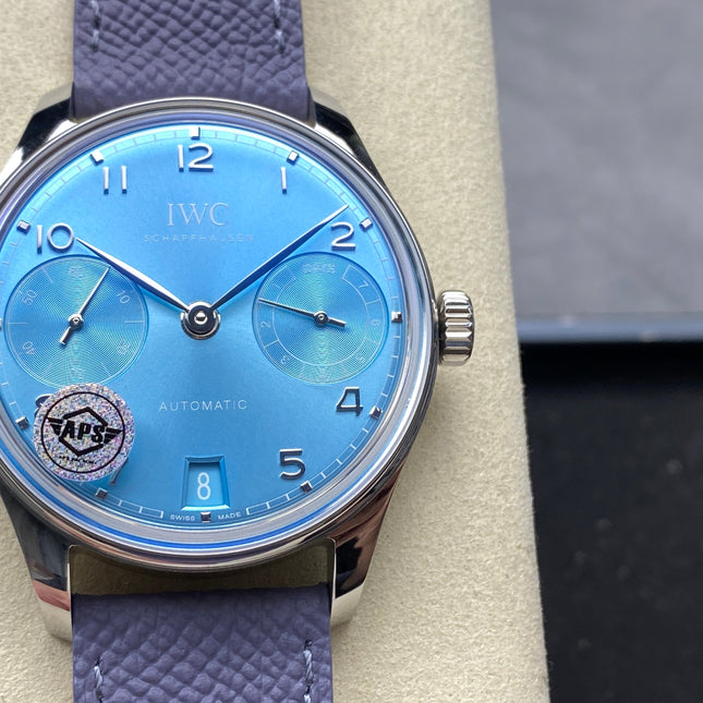 PORTUGIESER AUTOMATIC 42 WATCH SILVER CASE WITH NAVY BLUE LEATHER STRAP AND SAPPHIRE BLUE DIAL