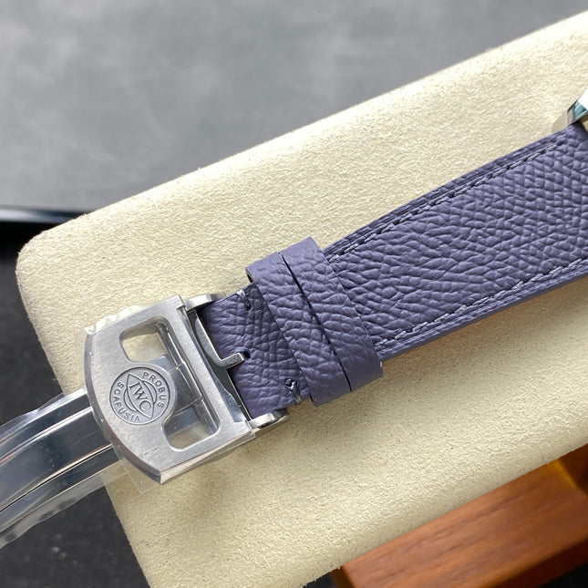 PORTUGIESER AUTOMATIC 42 WATCH SILVER CASE WITH NAVY BLUE LEATHER STRAP AND SAPPHIRE BLUE DIAL