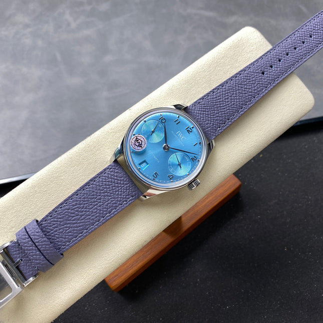 PORTUGIESER AUTOMATIC 42 WATCH SILVER CASE WITH NAVY BLUE LEATHER STRAP AND SAPPHIRE BLUE DIAL