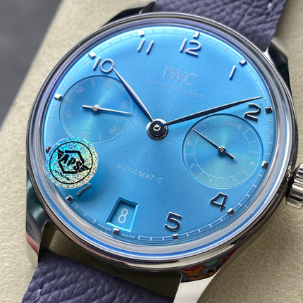 PORTUGIESER AUTOMATIC 42 WATCH SILVER CASE WITH NAVY BLUE LEATHER STRAP AND SAPPHIRE BLUE DIAL