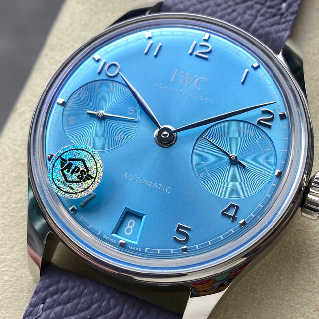 PORTUGIESER AUTOMATIC 42 WATCH SILVER CASE WITH NAVY BLUE LEATHER STRAP AND SAPPHIRE BLUE DIAL