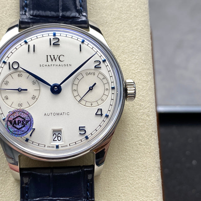 PORTUGIESER AUTOMATIC 42 WATCH SILVER CASE WITH BLACK LEATHER STRAP