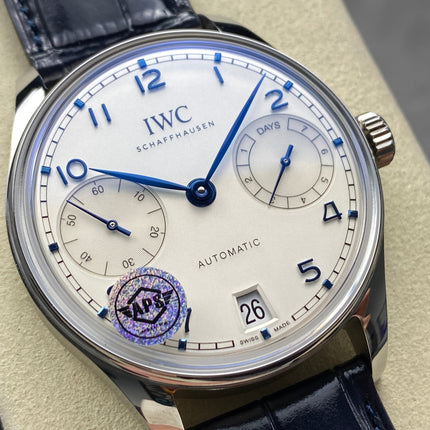 PORTUGIESER AUTOMATIC 42 WATCH SILVER CASE WITH BLACK LEATHER STRAP