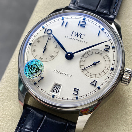 PORTUGIESER AUTOMATIC 42 WATCH SILVER CASE WITH BLACK LEATHER STRAP