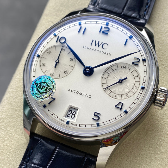PORTUGIESER AUTOMATIC 42 WATCH SILVER CASE WITH BLACK LEATHER STRAP