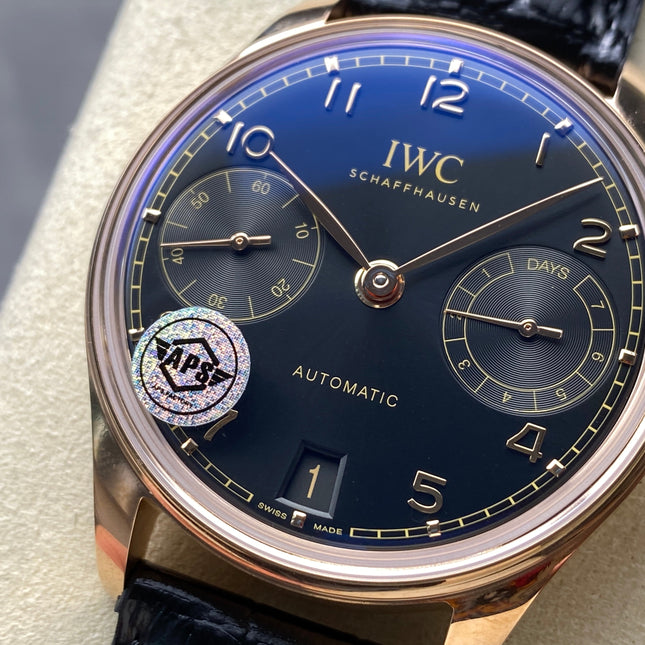 PORTUGIESER AUTOMATIC 42 WATCH ROSE GOLD CASE WITH BLACK DIAL AND LEATHER STRAP
