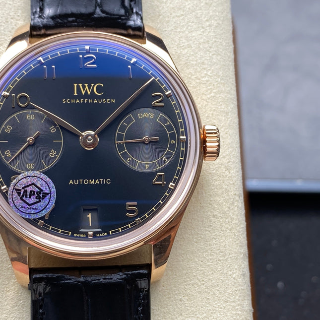 PORTUGIESER AUTOMATIC 42 WATCH ROSE GOLD CASE WITH BLACK DIAL AND LEATHER STRAP