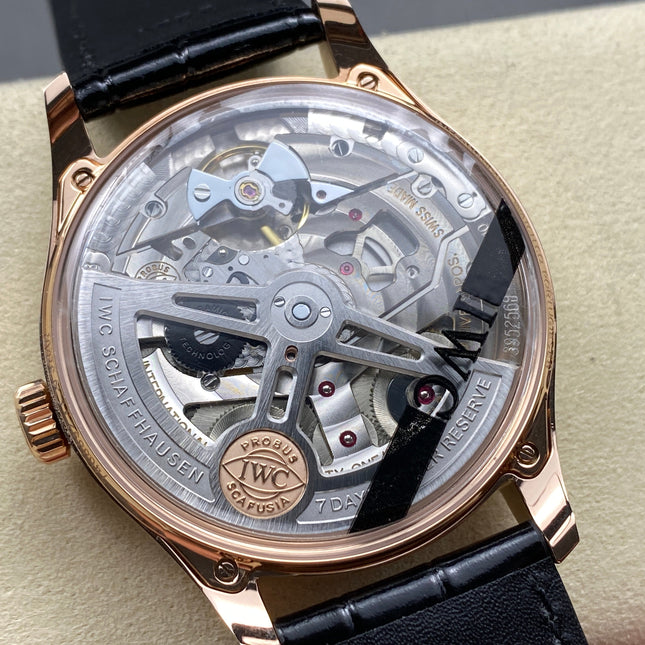 PORTUGIESER AUTOMATIC 42 WATCH ROSE GOLD CASE WITH BLACK DIAL AND LEATHER STRAP