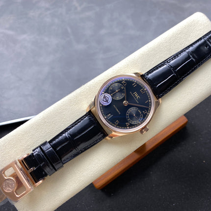 PORTUGIESER AUTOMATIC 42 WATCH ROSE GOLD CASE WITH BLACK DIAL AND LEATHER STRAP