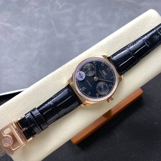 PORTUGIESER AUTOMATIC 42 WATCH ROSE GOLD CASE WITH BLACK DIAL AND LEATHER STRAP