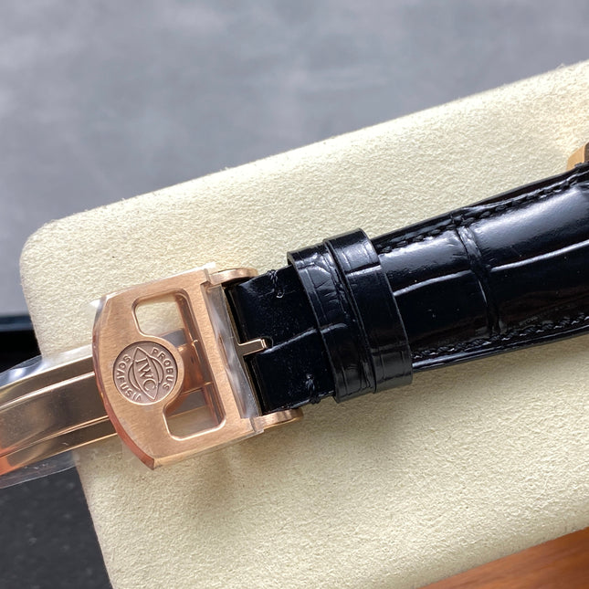 PORTUGIESER AUTOMATIC 42 WATCH ROSE GOLD CASE WITH BLACK DIAL AND LEATHER STRAP