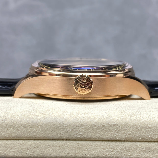 PORTUGIESER AUTOMATIC 42 WATCH ROSE GOLD CASE WITH BLACK DIAL AND LEATHER STRAP