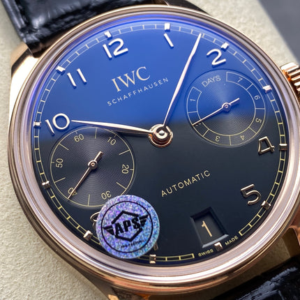 PORTUGIESER AUTOMATIC 42 WATCH ROSE GOLD CASE WITH BLACK DIAL AND LEATHER STRAP