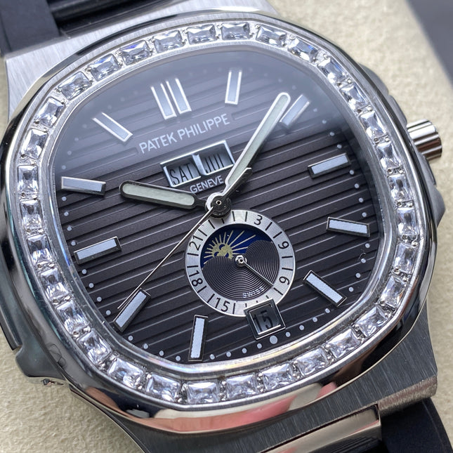 NAUTILUS STEEL ATTACHED DIAMOND BEZEL BLACK RUBBER STRAP