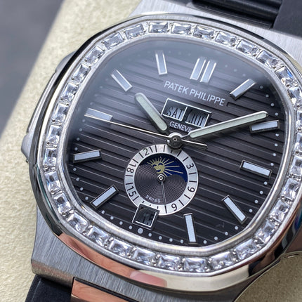 NAUTILUS STEEL ATTACHED DIAMOND BEZEL BLACK RUBBER STRAP