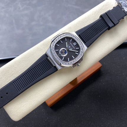 NAUTILUS STEEL ATTACHED DIAMOND BEZEL BLACK RUBBER STRAP