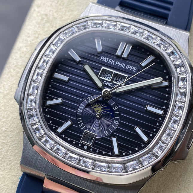 NAUTILUS STEEL ATTACHED DIAMOND BEZEL BLUE RUBBER STRAP