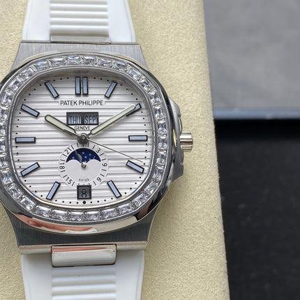 NAUTILUS STEEL ATTACHED DIAMOND BEZEL WHITE RUBBER STRAP