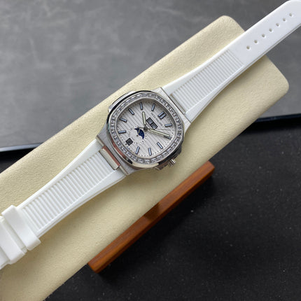 NAUTILUS STEEL ATTACHED DIAMOND BEZEL WHITE RUBBER STRAP