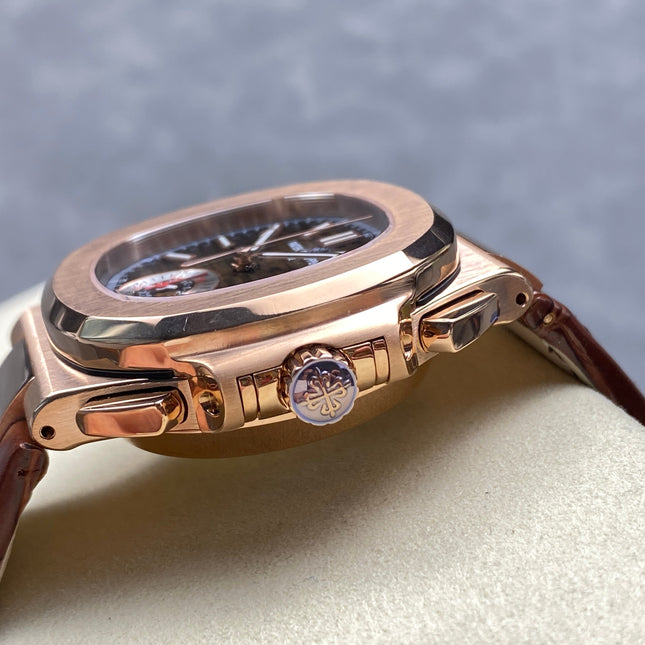 NAUTILUS ROSE GOLD CASE BROWN SUNBURST DIAL ALLIGATOR LEATHER STRAP