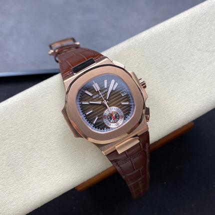 NAUTILUS ROSE GOLD CASE BROWN SUNBURST DIAL ALLIGATOR LEATHER STRAP