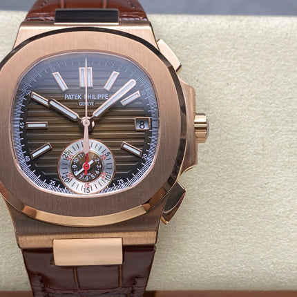 NAUTILUS ROSE GOLD CASE BROWN SUNBURST DIAL ALLIGATOR LEATHER STRAP