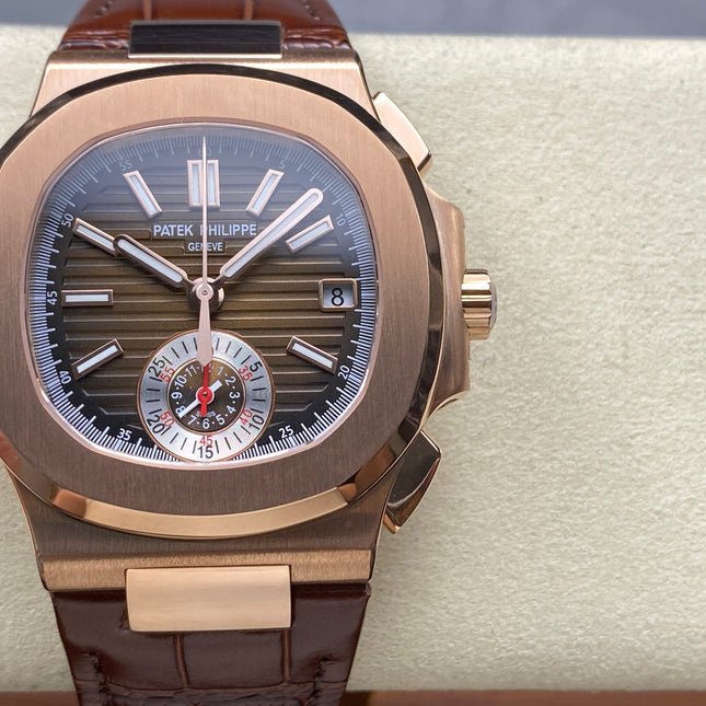 NAUTILUS ROSE GOLD CASE BROWN SUNBURST DIAL ALLIGATOR LEATHER STRAP