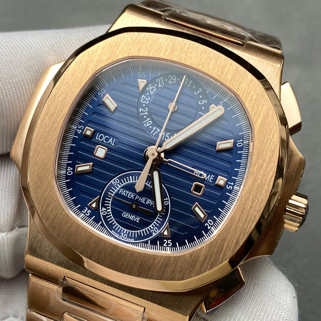 NAUTILUS TRAVEL TIME ROSE GOLD CASE SUNBURST BLUE DIAL