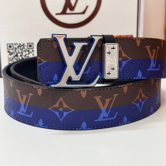 BELT 40MM REVERSIBLE IN BROWN AND BLUE CALFSKIN PRINTED MONOGRAM SILVER BUCKLE