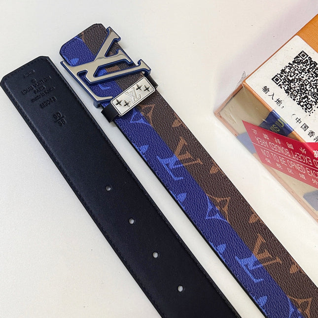 BELT 40MM REVERSIBLE IN BROWN AND BLUE CALFSKIN PRINTED MONOGRAM SILVER BUCKLE