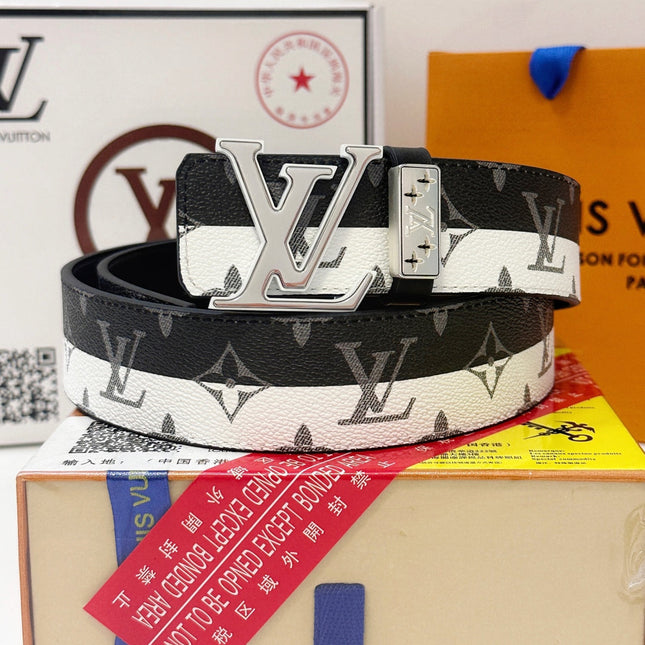 BELT 40MM REVERSIBLE IN BLACK WHITE CALFSKIN PRINTED MONOGRAM SILVER BUCKLE