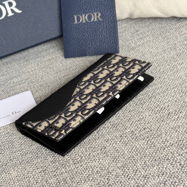 VERTICAL BIFOLD WALLET 19 IN BLACK GRAINED CALFSKIN MIX BLUE MONOGRAM OBLIQUE JACQUARD