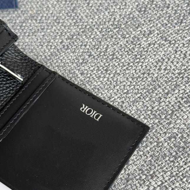 VERTICAL BIFOLD WALLET 19 IN BLACK GRAINED CALFSKIN MIX BLUE MONOGRAM OBLIQUE JACQUARD