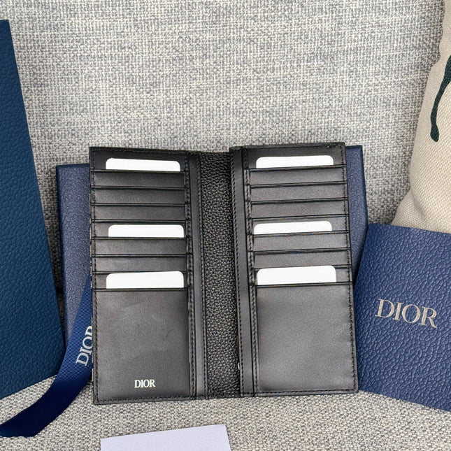 VERTICAL BIFOLD WALLET 19 IN BLACK GRAINED CALFSKIN MIX BLUE MONOGRAM OBLIQUE JACQUARD