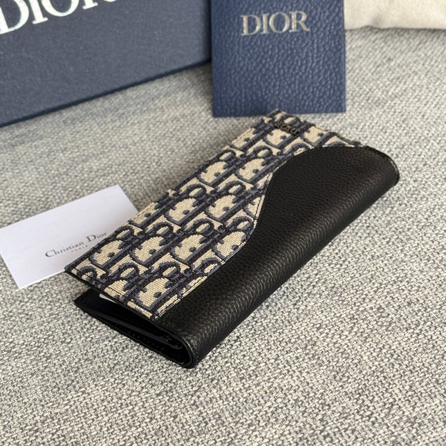 VERTICAL BIFOLD WALLET 19 IN BLACK GRAINED CALFSKIN MIX BLUE MONOGRAM OBLIQUE JACQUARD
