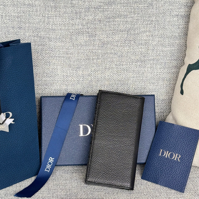 VERTICAL BIFOLD WALLET 19 IN BLACK GRAINED CALFSKIN MIX BLUE MONOGRAM OBLIQUE JACQUARD