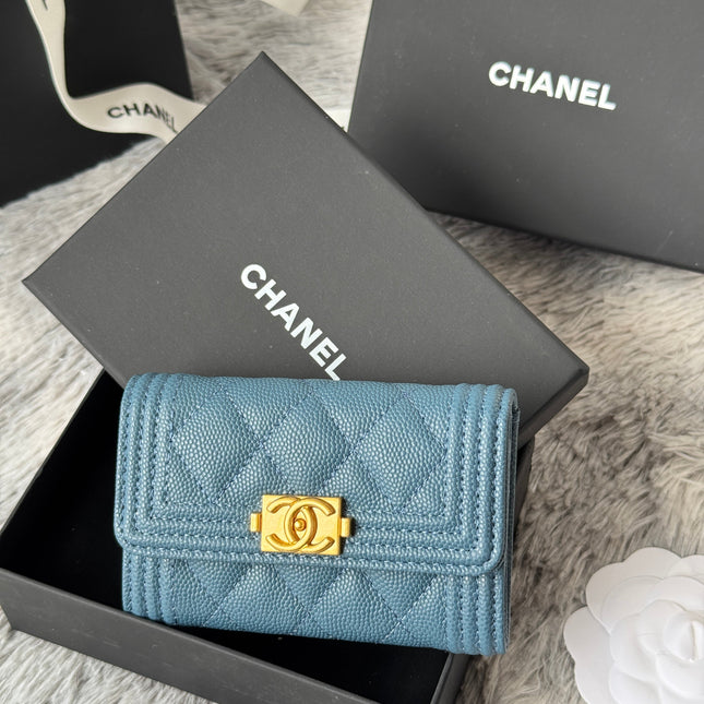 LEBOY WALLET 11 IN NEPAL BLUE GRAINED CALFSKIN GOLD-TONE HARDWARE