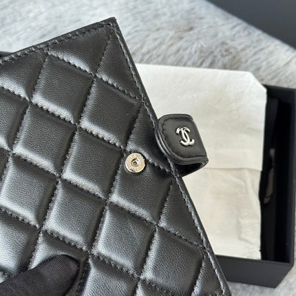 CHANEL 25S MULTI PURPOSE PASSPORT WALLET 15 IN BLACK LAMBSKIN SILVER HARDWARE