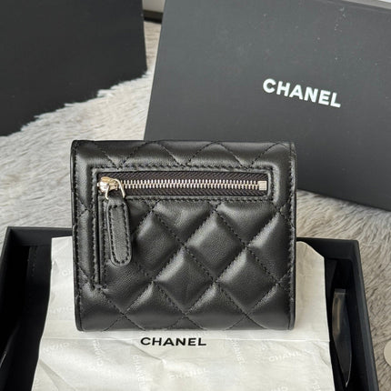CHANEL 25S CF SMALL TRI FOLD WALLET 11 IN BLACK LAMBSKIN SILVER HARDWARE
