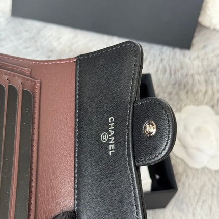 CHANEL 25S CF SMALL TRI FOLD WALLET 11 IN BLACK LAMBSKIN SILVER HARDWARE