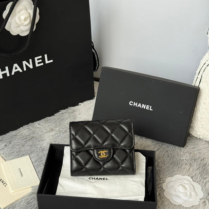 CHANEL 25S CF SMALL TRI FOLD WALLET 11 IN BLACK LAMBSKIN GOLD HARDWARE