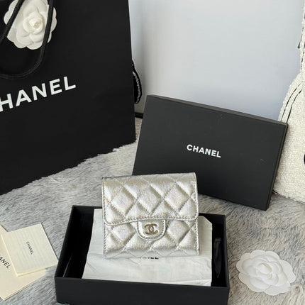 CHANEL 25S CF SMALL TRI FOLD WALLET 11 IN SILVER CAVIAR GOLD HARDWARE
