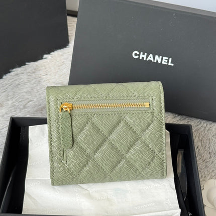 CHANEL 25S CF SMALL TRI FOLD WALLET 11 IN MOSS GREEN CAVIAR GOLD HARDWARE